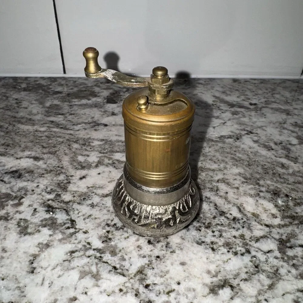 Vintage Brass Pepper Mill Grinder Hand Crank Ornate Metal Base Manual Spice Mill